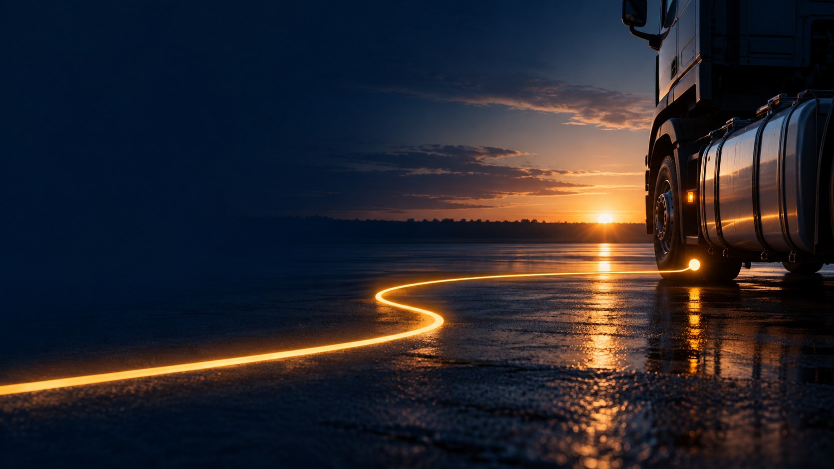 Un camión estacionado sobre asfalto mojado al atardecer, con un rastro de luz ámbar que llega hasta su tanque de combustible.
